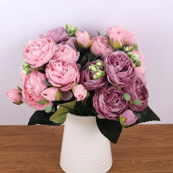 Buquê de Flores de Seda Rosa Pink de 30cm para Casamento e Decoração branco