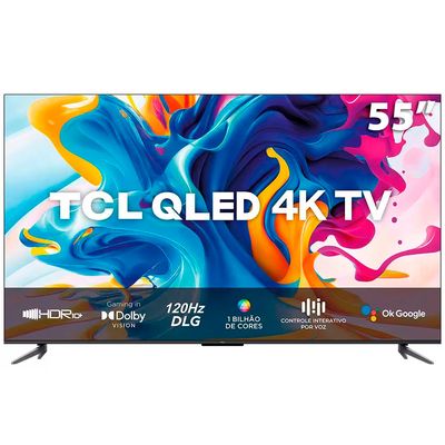 Smart TV TCL QLED 55 4K UHD C645 Google TV, Dolby Vision Atmos, DTS, HDR10+, WiFi Dual Band, Bluetooth, Google Assistente Chumbo / Bivolt