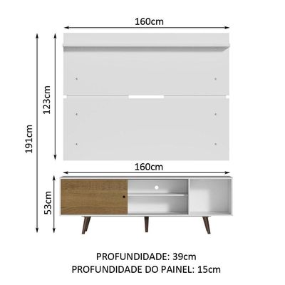 "Rack Dubai e Painel Tv até 65"" com Pés Branco/rustic Madesa"