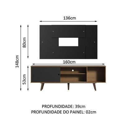 "Rack Dubai com Pés e Painel Tv até 58"" Rustic/preto Madesa"