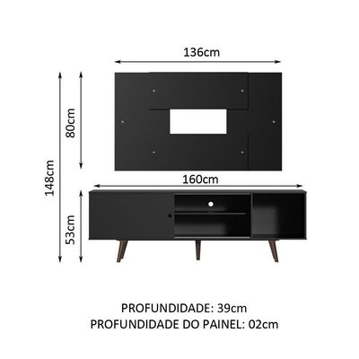 "Rack Dubai com Pés e Painel Tv até 58"" Preto/rustic Madesa"