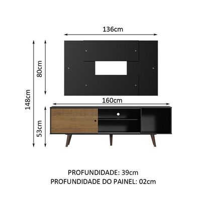 "Rack Dubai com Pés e Painel Tv até 58"" Preto/rustic Madesa"