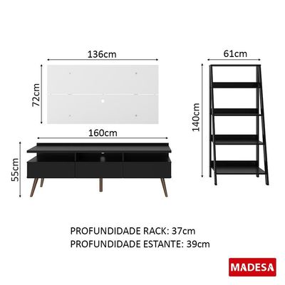 Rack Londres com Estante Escada e Painel para TV Madesa