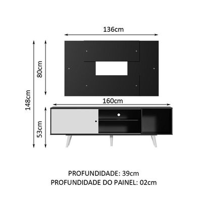 "Rack Dubai com Pés e Painel Tv até 58"" Preto/branco Madesa"