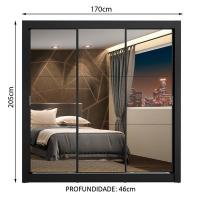 Guarda Roupa Casal 3 Portas De Correr De Espelho Preto
