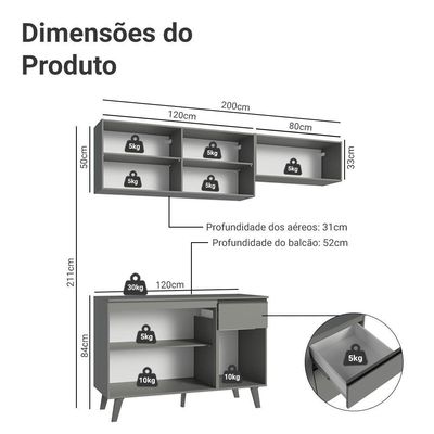 Armário De Cozinha Compacta 200cm Cinza Nice Madesa 03 Cinza