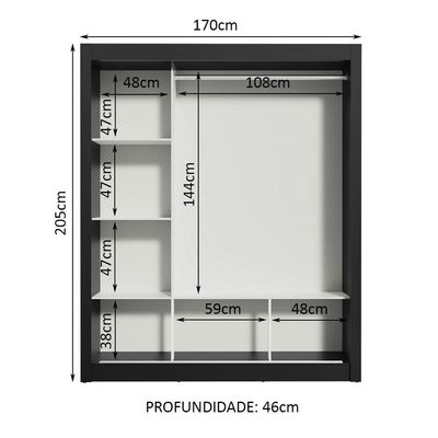 Guarda-roupa Casal 3 Portas Com Espelho Preto/Cinza