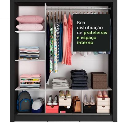 Guarda-roupa Casal 3 Portas Com Espelho Preto/Cinza