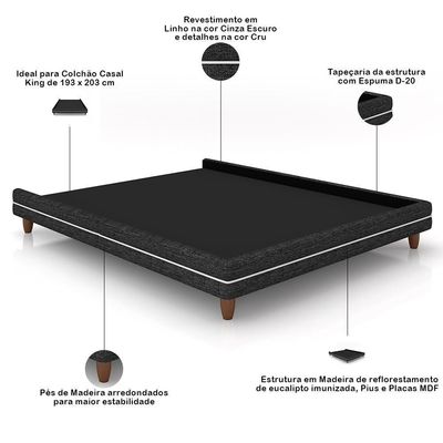 Cama Casal King Base Box Pés Madeira 203cm Suném P05 Linho Cinza Escuro - Lyam Decor