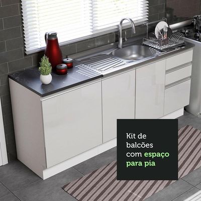 Kit Com 2 Balcões De Cozinha Frentes Branco Brilho Branco