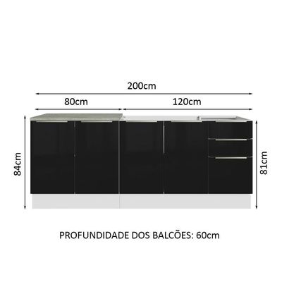 Kit Com 2 Balcões De Cozinha 4 Portas 3 Gavetas Branco/Preto