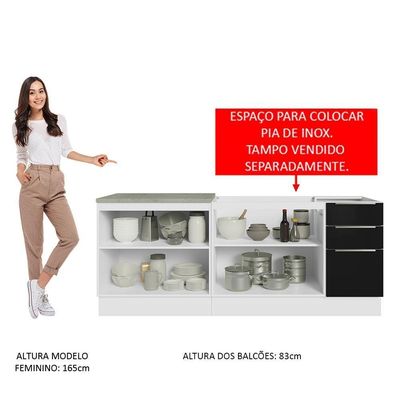 Kit Com 2 Balcões De Cozinha 4 Portas 3 Gavetas Branco/Preto