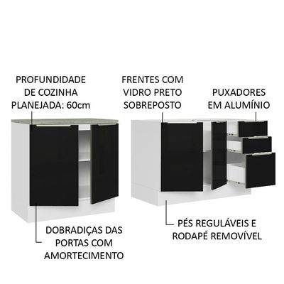 Kit Com 2 Balcões De Cozinha 4 Portas 3 Gavetas Branco/Preto