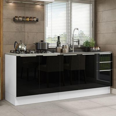 Kit Com 2 Balcões De Cozinha 4 Portas 3 Gavetas Branco/Preto