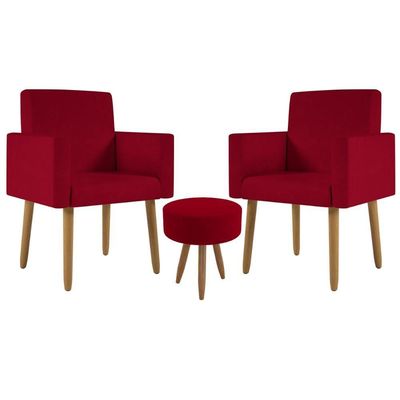 Kit 2 Poltronas Decorativa Sala Nina Com Puff Balaqui Decor Vermelho