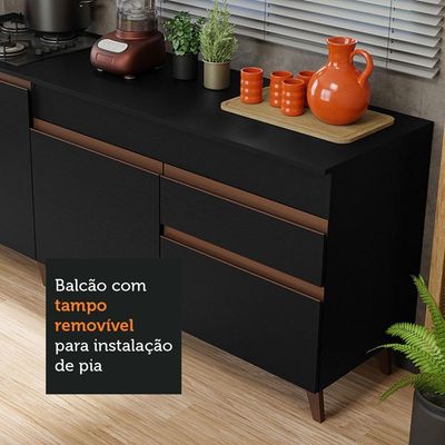 Kit Com 2 Balcões De Cozinha 4 Portas 1 Gaveta Preto Preto