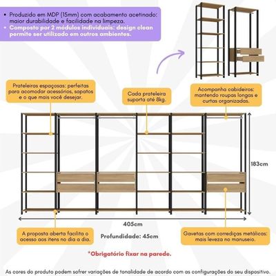 Guarda Roupas Closet Modulado 405cm 6 Peças Com 6 Gavetas E Cabideiros Multimóveis MP4322 Preto Madeirado