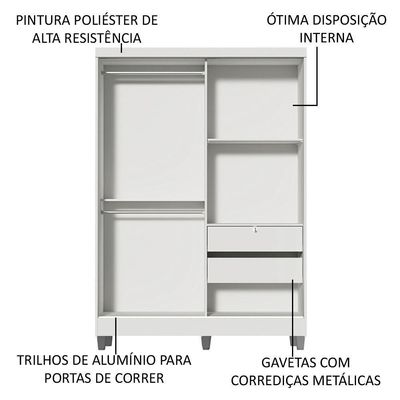 Guarda-Roupas Luke Espelho Branco 2 Portas Correr Pés Madesa