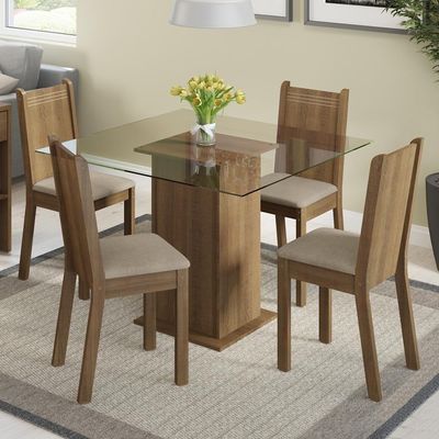 Conjunto Sala de Jantar Magda Madesa Tampo Vidro 4 Cadeiras