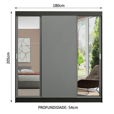 Guarda-roupa Madesa Reno 3 Porta Correr Espelhos Preto Cinza