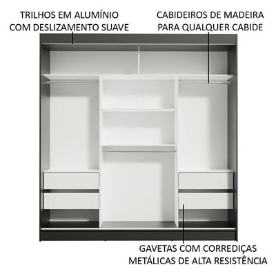 Guarda-roupa Madesa Reno 3 Porta Correr Espelhos Preto Cinza