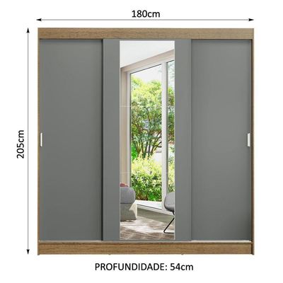 Guarda-roupa Madesa Reno 3 Porta Correr Espelho Rustic Cinza