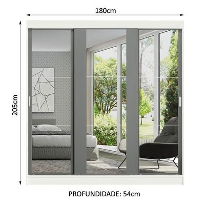 Guarda-roupa Madesa Reno 3 Porta Correr Espelho Branco Cinza