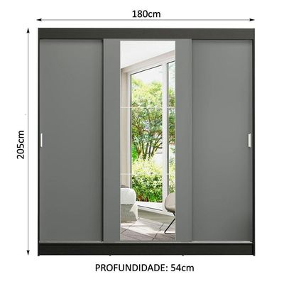 Guarda-roupa Madesa Reno 3 Portas Correr Espelho Preto Cinza