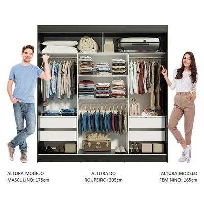 Guarda-roupa Madesa Reno 3 Portas Correr Espelho Preto Cinza
