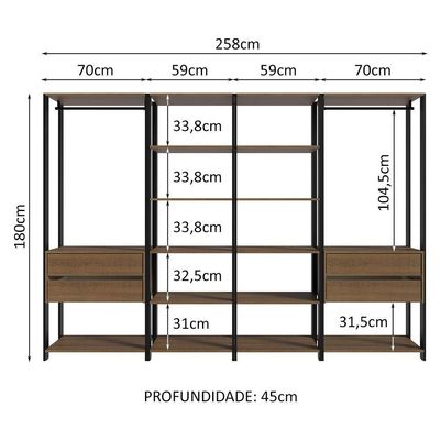 Guarda-roupa Closet Modulado Valencia 4 Gavetas 258cm Rustic/preto Madesa 02 Rustic/preto