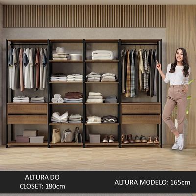 Guarda-roupa Closet Modulado Valencia 4 Gavetas 258cm Rustic/preto Madesa 02 Rustic/preto