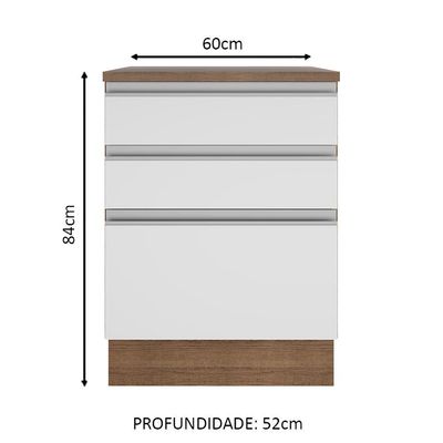 Balcão Glamy 60 cm 3 Gavetas Rustic e Branco Madesa