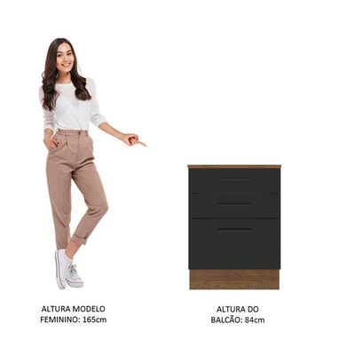 Balcão Madesa Agata 60cm 3 Gavetas Rustico Preto