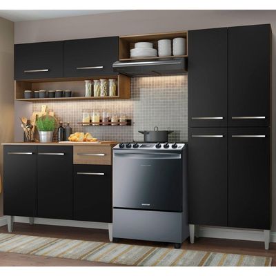 Armário de Cozinha Compacta Emilly com Balcão Rustic Preto