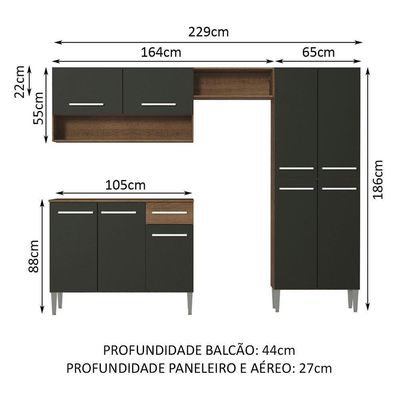 Armário de Cozinha Compacta Emilly com Balcão Rustic Preto