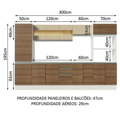 Armário Smart 100% Mdf 300cm com Balcão e Tampo Branco