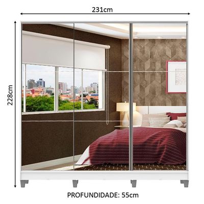 Guarda Roupa Casal 100% Mdf Madesa Zurique 3 Portas De Correr De Espelho Com Pés - Branco
