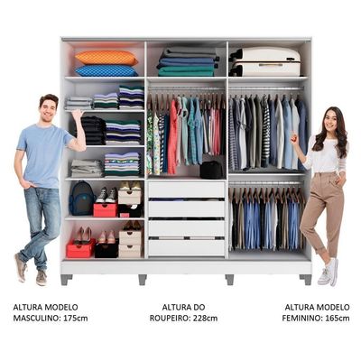 Guarda Roupa Casal 100% Mdf Madesa Zurique 3 Portas De Correr De Espelho Com Pés - Branco