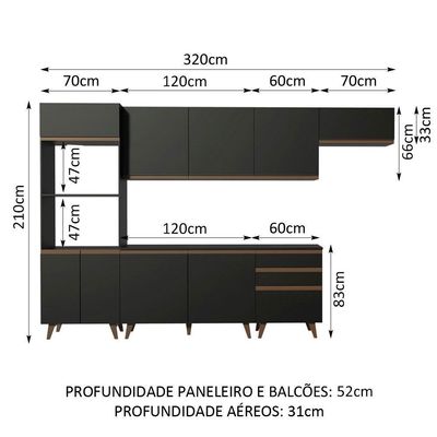 Armário de Cozinha Reims com Balcão e Tampo Preto Rustic