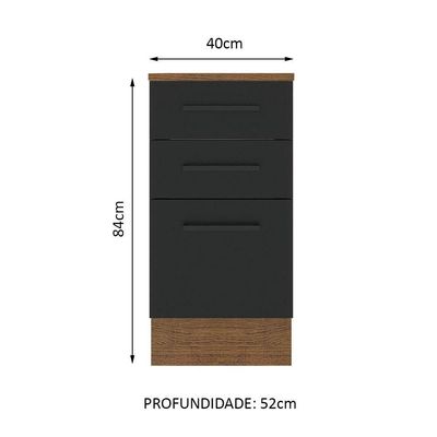 Balcão Madesa Agata 40cm 3 Gavetas Rustico Preto