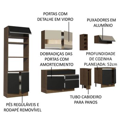 Armário de Cozinha Vicenza com Balcão Rustic Preto Rustic