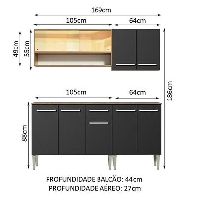 Armário de Cozinha Emilly com Balcão e Aéreo Vidro Preto