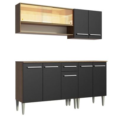 Armário de Cozinha Emilly com Balcão e Aéreo Vidro Preto