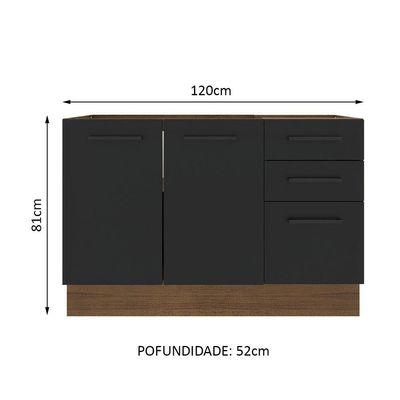 Balcão de Pia Madesa Agata 2 Portas 3 Gavetas Rustico Preto