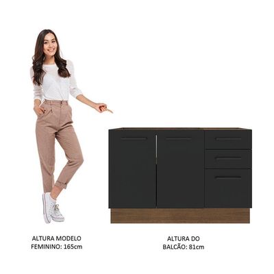 Balcão de Pia Madesa Agata 2 Portas 3 Gavetas Rustico Preto