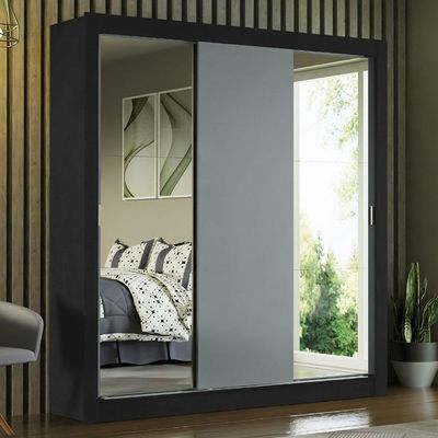 Guarda-roupa Casal 3 Portas Com Espelhos Preto/Cinza