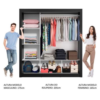 Guarda-roupa Casal 3 Portas Com Espelhos Preto/Cinza