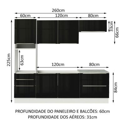 Cozinha Completa com Armário 6 Portas 5 Gavetas Branco Preto