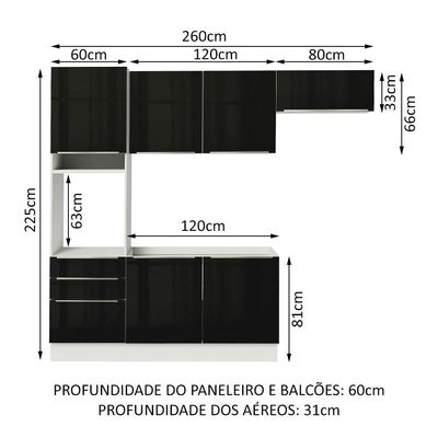 Cozinha Lux com Armário e Balcão 6 Portas Branco Preto