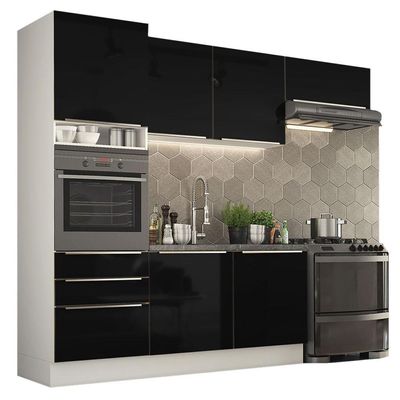 Cozinha Lux com Armário e Balcão 6 Portas Branco Preto